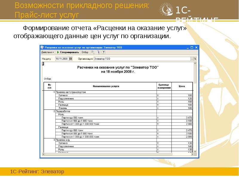 Возможности прикладного решения: Прайс-лист услуг