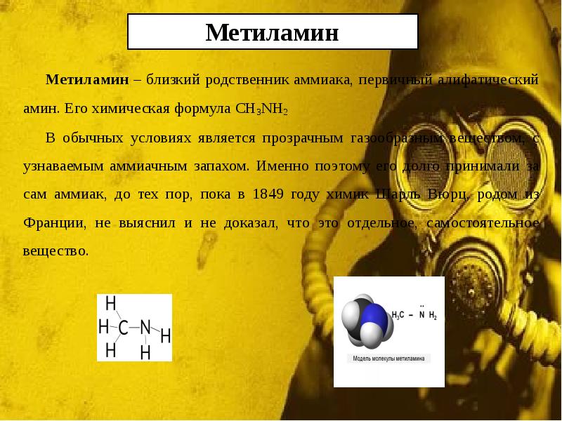 Метиламин – близкий родственник аммиака, первичный алифатический амин. Его химическая формула Метиламин – близкий родственник аммиака, первичный алифатический амин. Его химическая формула