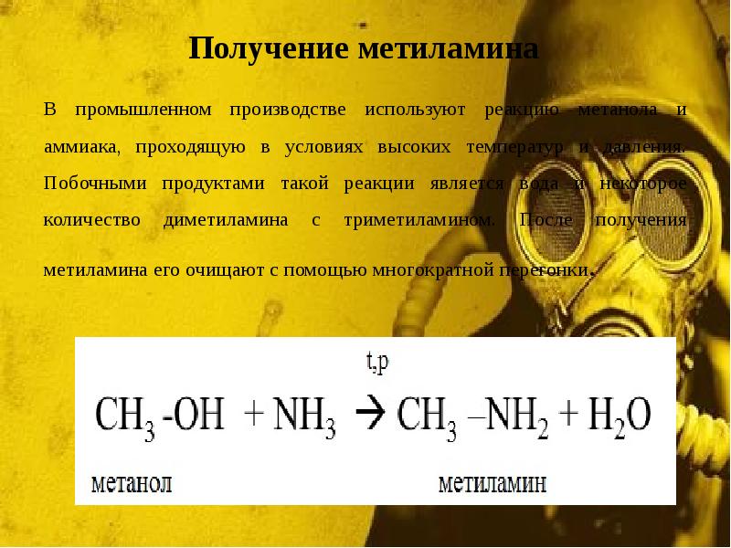 Получение метиламина
В промышленном производстве используют реакцию метанола и аммиака, проходящую Получение метиламина
В промышленном производстве используют реакцию метанола и аммиака, проходящую