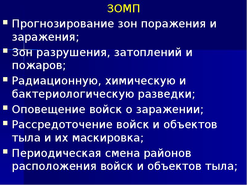 ЗОМП ЗОМП Прогнозирование зон поражения и заражения; Зон разрушения, затоплений и