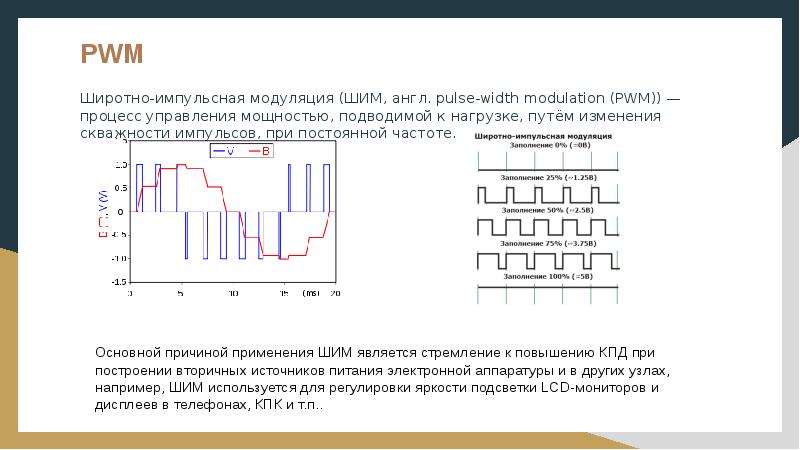 PWM
Широтно-импульсная модуляция (ШИМ, англ. pulse-width modulation (PWM)) — процесс управления PWM
Широтно-импульсная модуляция (ШИМ, англ. pulse-width modulation (PWM)) — процесс управления