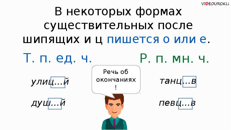 О е после шипящих в окончаниях существительных