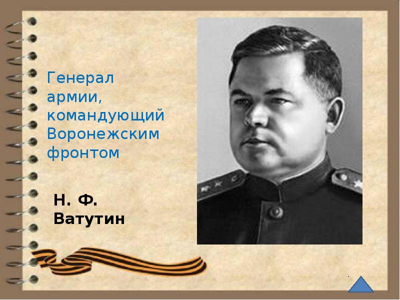 Ватунин. Генерал Ватутин н. ф.. Ватутин н.ф., - командующий воронежским фронтом. Портрет Генерала Ватутина.