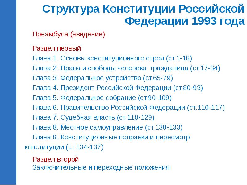 1 конституция рф 1993 г. Структура Конституции РФ 1993 схема. Структура Конституции 1993. Структура Конституции Российской Федерации преамбула. Второй раздел Конституции 1993 года.