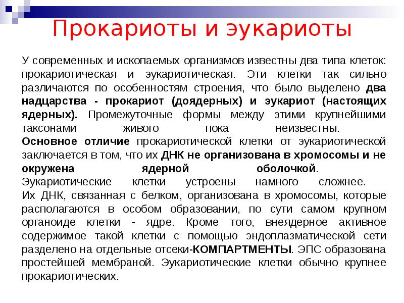 У современных и ископаемых организмов известны два типа клеток: прокариотическая и