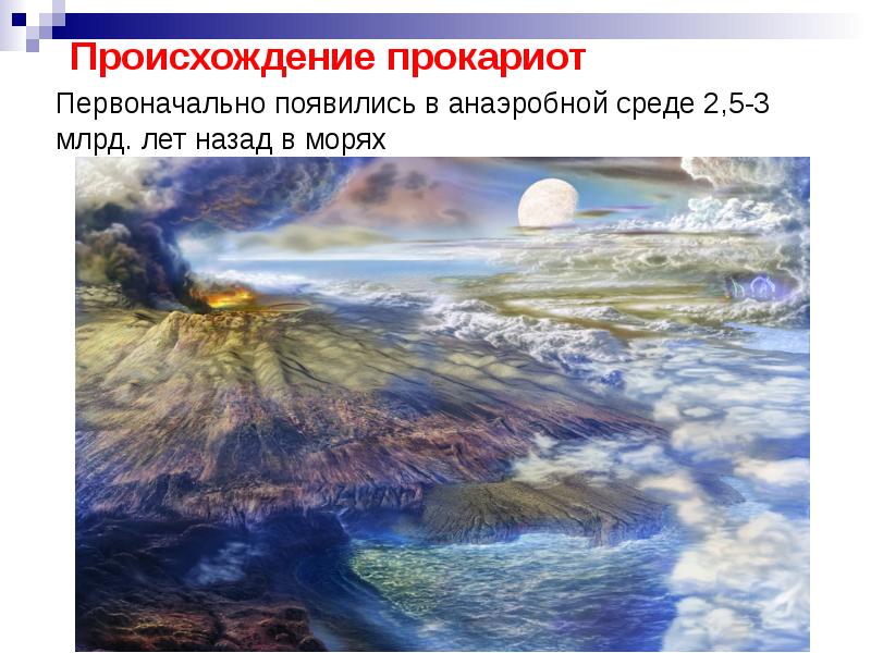 Происхождение прокариот 	Первоначально появились в анаэробной среде 2,5-3 млрд. лет назад