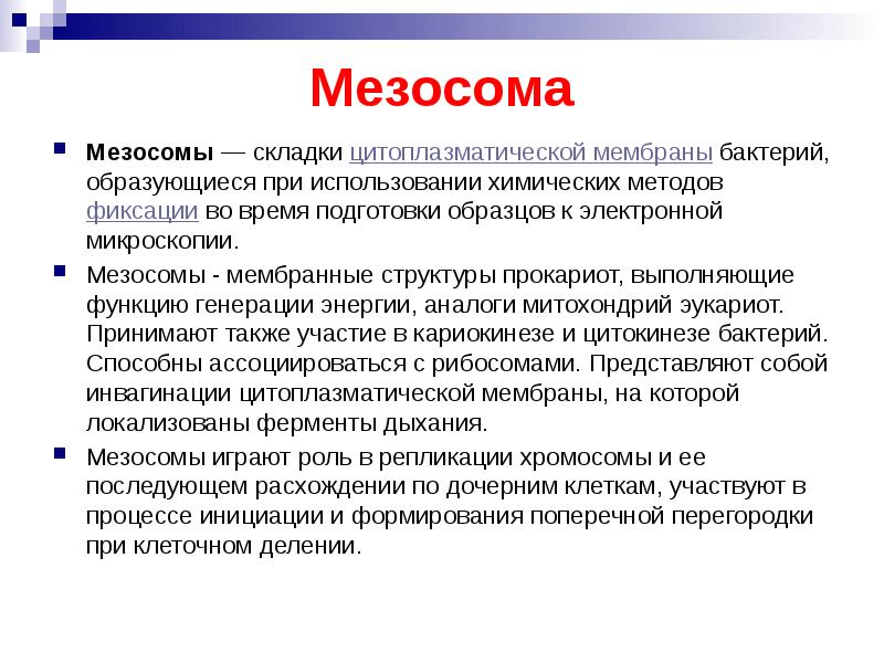 Мезосома Мезосомы&nbsp;— складки&nbsp;цитоплазматической мембраны&nbsp;бактерий, образующиеся при использовании химических методов&nbsp;фиксации&nbsp;во время подготовки