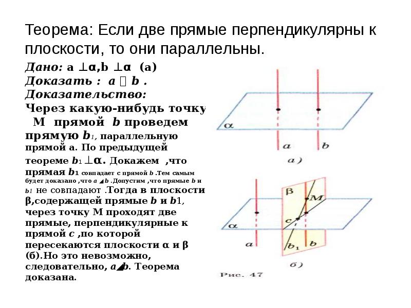 Теорема: Если две прямые перпендикулярны к плоскости, то они параллельны. Теорема: Если две прямые перпендикулярны к плоскости, то они параллельны.
