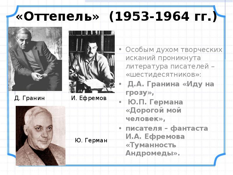 Особым духом творческих исканий проникнута литература писателей – «шестидесятников»:
Особым духом Особым духом творческих исканий проникнута литература писателей – «шестидесятников»:
Особым духом