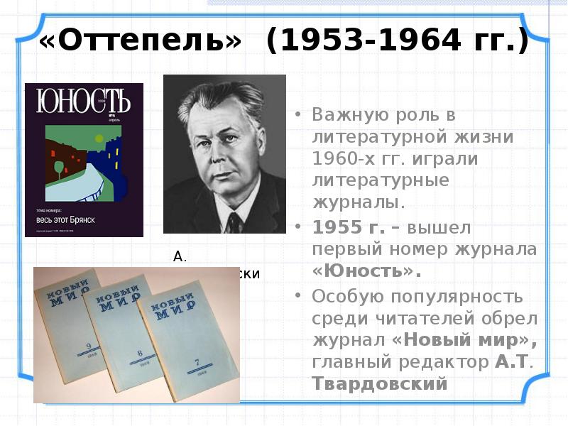Важную роль в литературной жизни 1960-х гг. играли литературные журналы.
Важную Важную роль в литературной жизни 1960-х гг. играли литературные журналы.
Важную