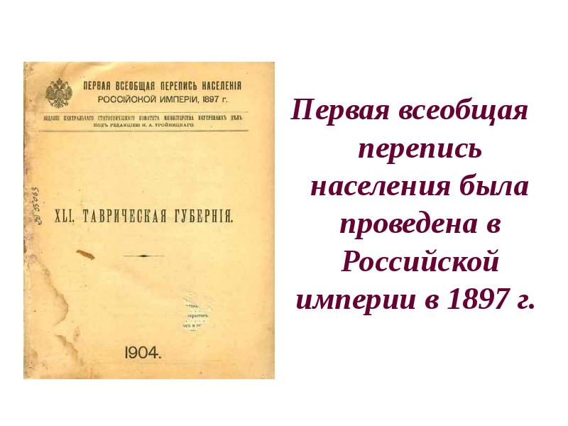 Первая всеобщая перепись населения была проведена в Российской империи в 1897 Первая всеобщая перепись населения была проведена в Российской империи в 1897