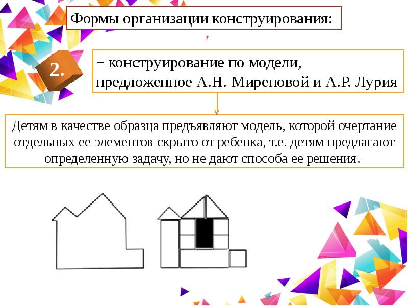 Предложены модели. «Формы организации конструирования». Табл. .Н. миренова и а.р.Лурия.