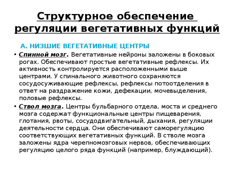 Структурное обеспечение. Вегетативные центры в стволе мозга. Вегетативная регуляция. Высшие центры регуляции вегетативных функций располагаются. Спинальный уровень регуляции вегетативных функций.