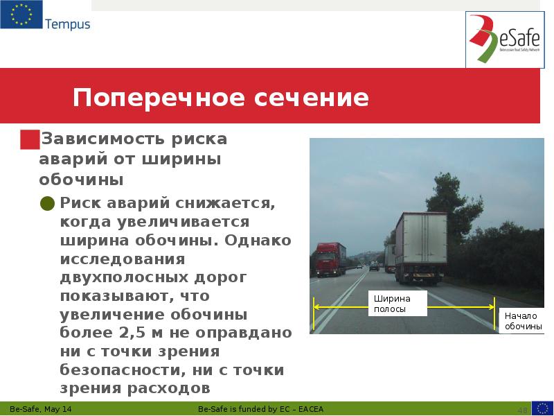 Поперечное сечение Зависимость риска аварий от ширины обочины Риск аварий снижается,