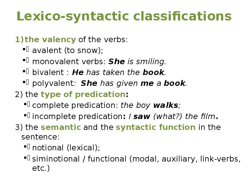 Lexico-syntactic classifications
the valency of the verbs:
avalent (to snow);
Lexico-syntactic classifications
the valency of the verbs:
avalent (to snow);