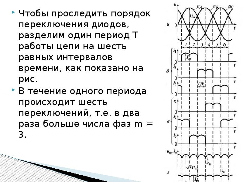 В течение какого промежутка времени открыт каждый диод в схеме трехфазного выпрямителя