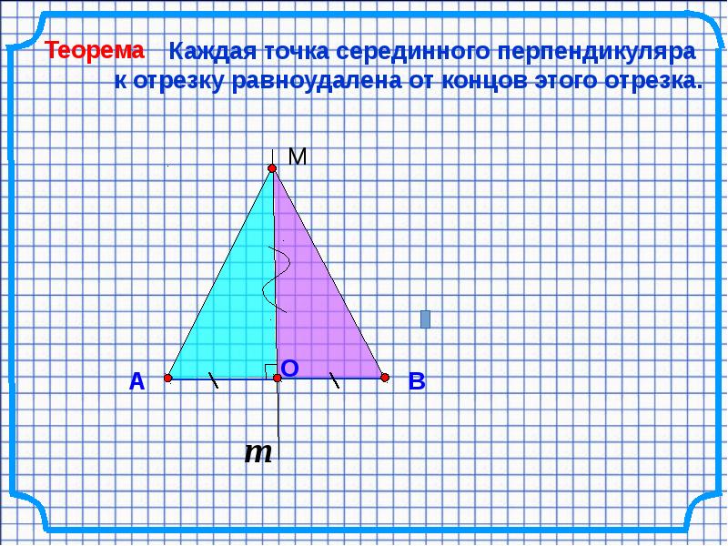 Каждая точка равноудаленная от концов. Каждая точка серединного перпендикуляра. Равноудаленная точка в треугольнике. Четвертая замечательная точка треугольника. Серединный перпендикуляр к диагонали прямоугольника.