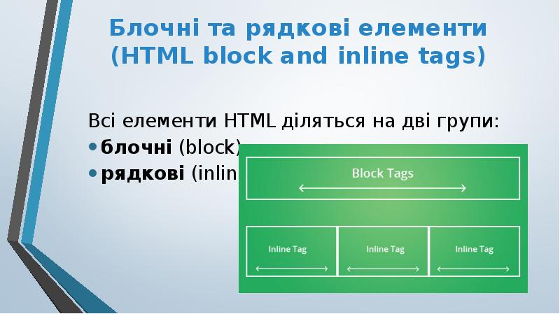 Блочні та рядкові елементи (HTML block and inline tags)
Всі елементи Блочні та рядкові елементи (HTML block and inline tags)
Всі елементи