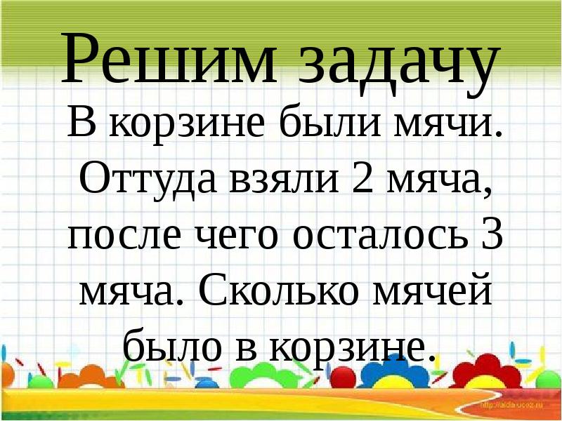 Взяли 4 мяча осталось. Мы будем решать задачи. Из сетки с мячами взяли 4 мяча и в ней осталось 12. В корзине было 8 мячей взяли 3 мяча сколько мячей осталось в корзине.