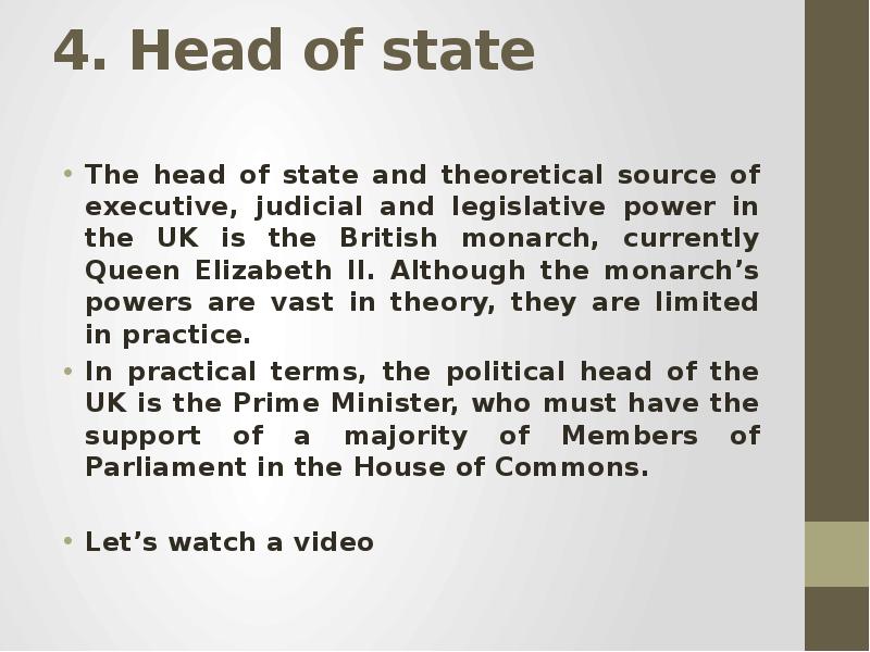 4. Head of state  The head of state and theoretical