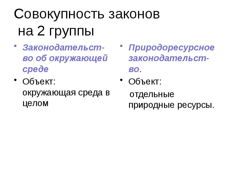 Совокупность законов   на 2 группы Законодательст-во об окружающей среде