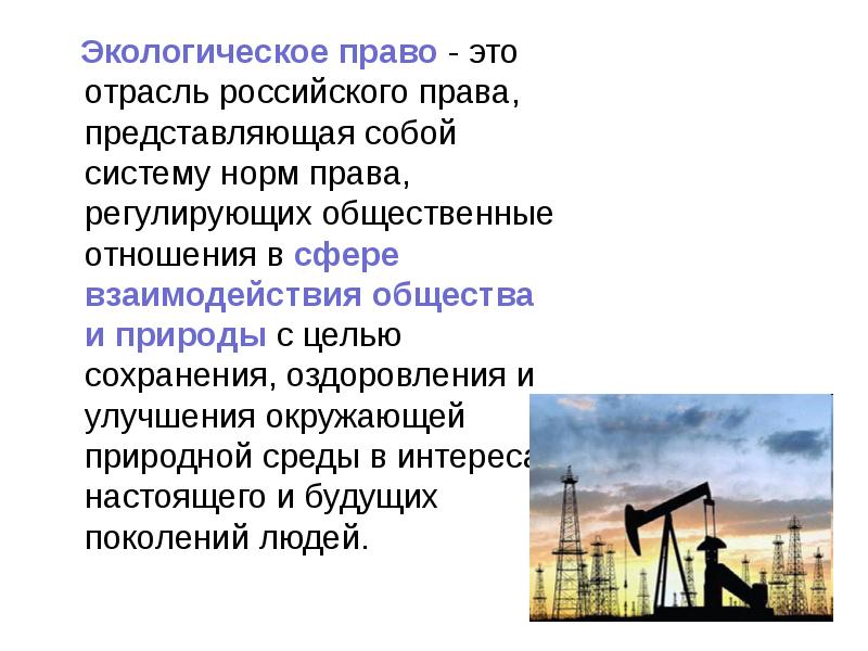 Экологическое право - это отрасль российского права, представляющая собой систему норм