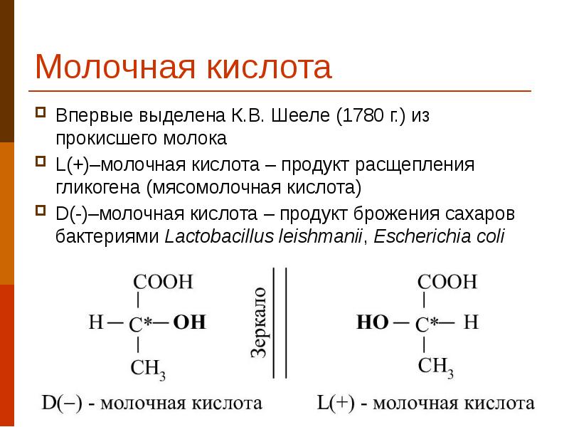 Молочная кислота Впервые выделена К.В. Шееле (1780 г.) из прокисшего молока