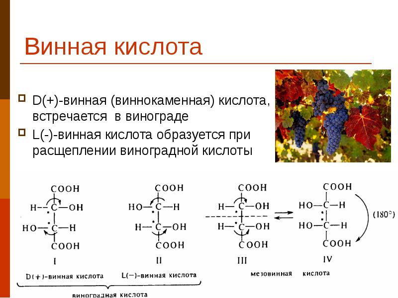 Винная кислота D(+)-винная (виннокаменная) кислота, встречается в винограде L(-)-винная кислота образуется