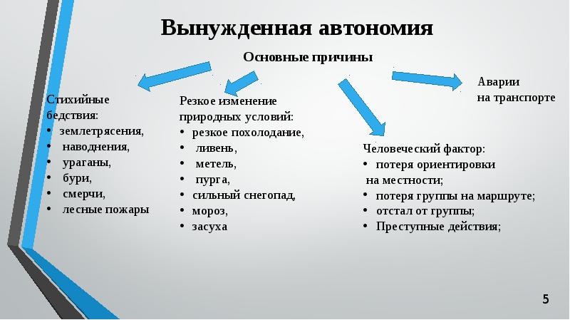 Схема основные причины вынужденного автономного существования в природных условиях