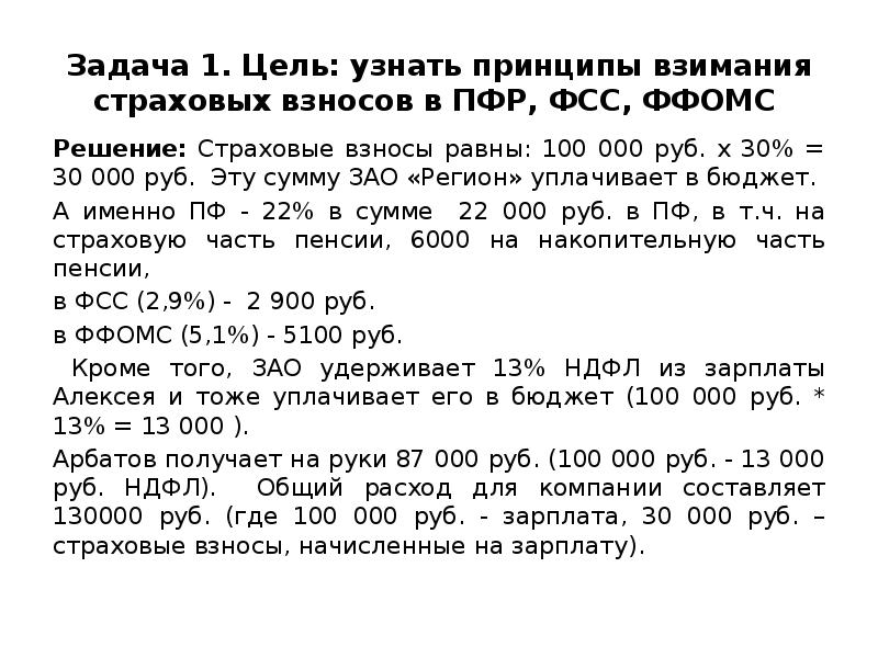 Задача 1. Цель: узнать принципы взимания страховых взносов в ПФР, ФСС,