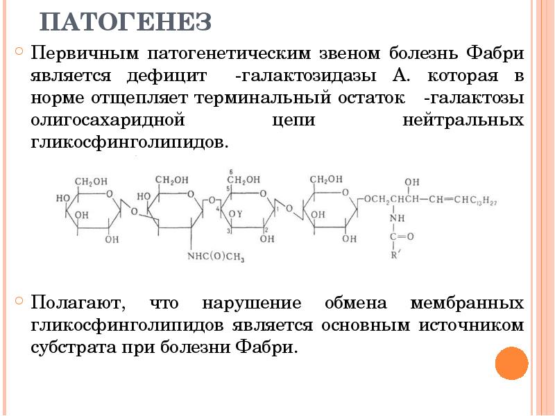 ПАТОГЕНЕЗ Первичным патогенетическим звеном болезнь Фабри является дефицит α-галактозидазы А. которая