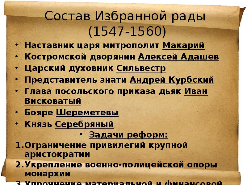 Избранная рада состав. Избранная рада 1547-1560. Состав избранной рады.