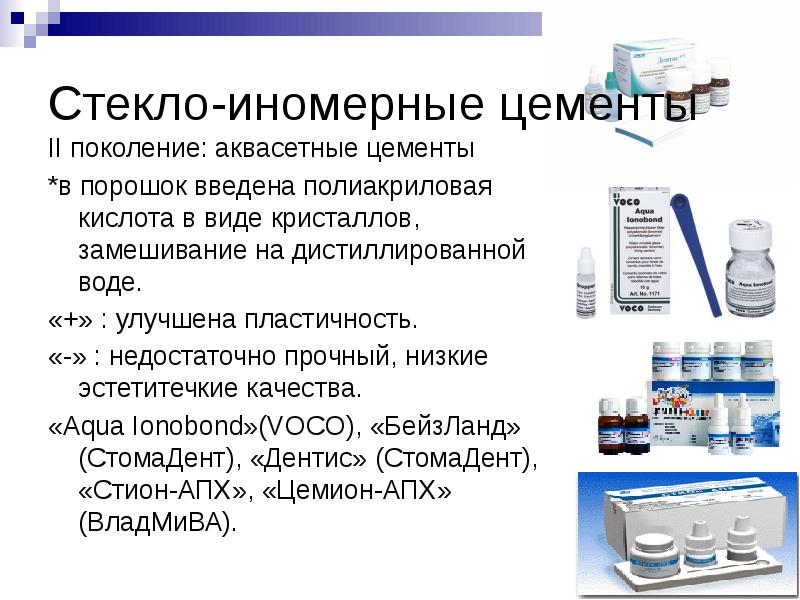 Стекло-иномерные цементы II поколение: аквасетные цементы *в порошок введена полиакриловая кислота
