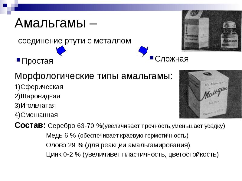 Амальгамы –  соединение ртути с металлом Морфологические типы амальгамы: 1)Сферическая