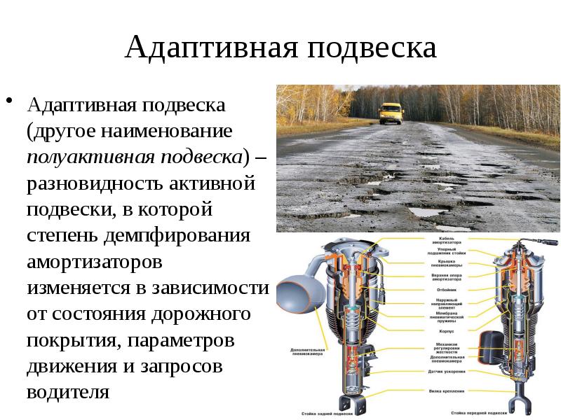 Адаптивная подвеска Адаптивная подвеска (другое наименование полуактивная подвеска) – разновидность активной