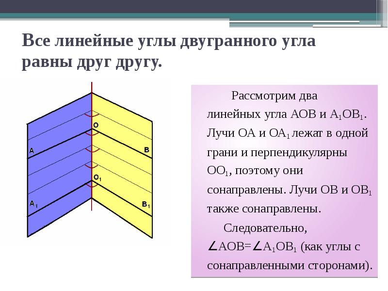 Перпендикулярные углы образуют угол. Все линейные углы двугранного угла равны. Докажите что все линейные углы двугранного угла равны. Свойства линейного угла двугранного угла. Доказательство линейного угла двугранного угла.