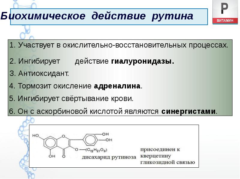 Биохимическое действие рутина
Участвует в окислительно-восстановительных процессах.
Ингибирует действие гиалуронидазы.
Антиоксидант.
Тормозит окисление Биохимическое действие рутина
Участвует в окислительно-восстановительных процессах.
Ингибирует действие гиалуронидазы.
Антиоксидант.
Тормозит окисление