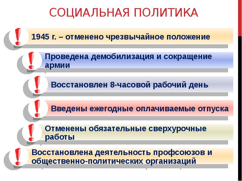 Политика 1945. Социальная политика 1945 отменено чрезвычайное положение. Экономическая политика 1945-1953. Деятельность профсоюзов в СССР 1945-1953. Демобилизация армии 1945-1953.