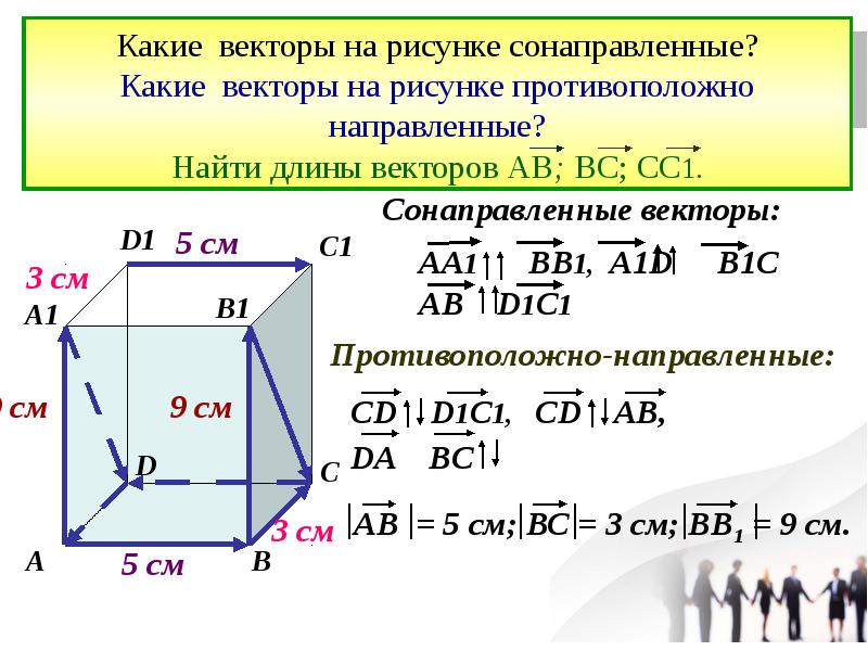 Расположение вектора. Сонаправленные векторы в пространстве. 1. Векторы в пространстве.. Противоположные векторы в пространстве. Сонаправленные векторы в Кубе.