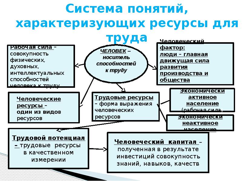 Система понятий, характеризующих ресурсы для труда Система понятий, характеризующих ресурсы для труда