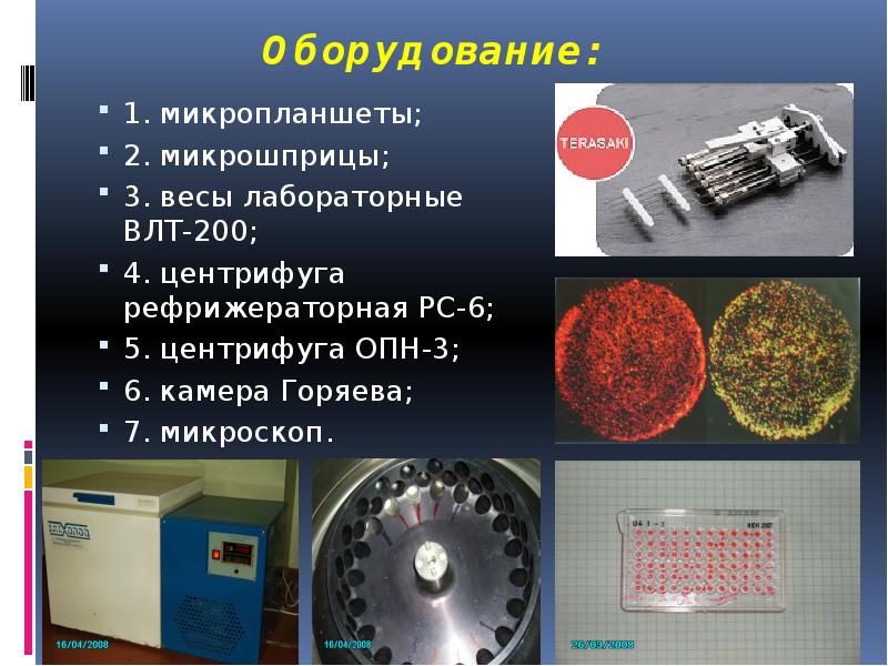 Оборудование:
1. микропланшеты;
2. микрошприцы;
3. весы лабораторные ВЛТ-200;
4. Оборудование:
1. микропланшеты;
2. микрошприцы;
3. весы лабораторные ВЛТ-200;
4.