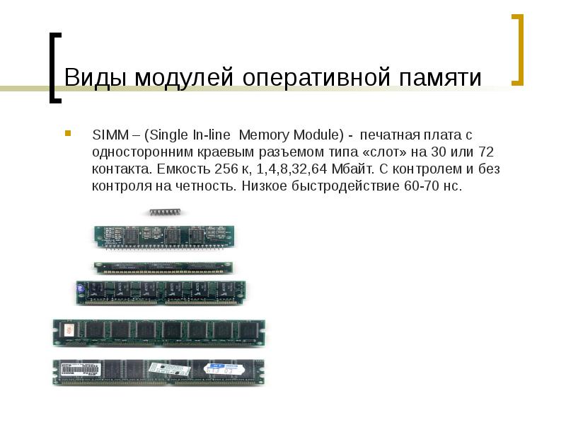 Виды модулей оперативной памяти
SIMM – (Single In-line Memory Module) - Виды модулей оперативной памяти
SIMM – (Single In-line Memory Module) -
