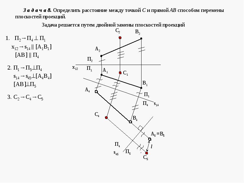 Решение задачи определить расстояние между двумя параллельными прямыми представлено на рисунке