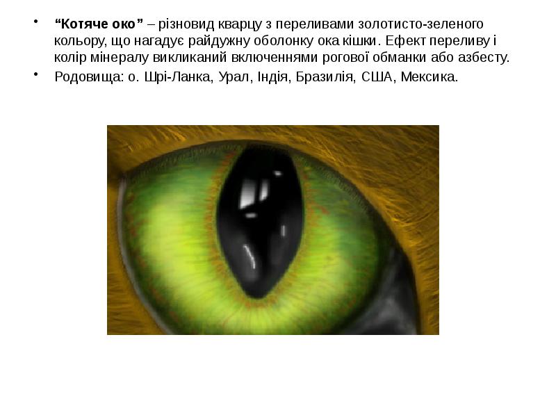 “Котяче око” – різновид кварцу з переливами золотисто-зеленого кольору, що нагадує “Котяче око” – різновид кварцу з переливами золотисто-зеленого кольору, що нагадує
