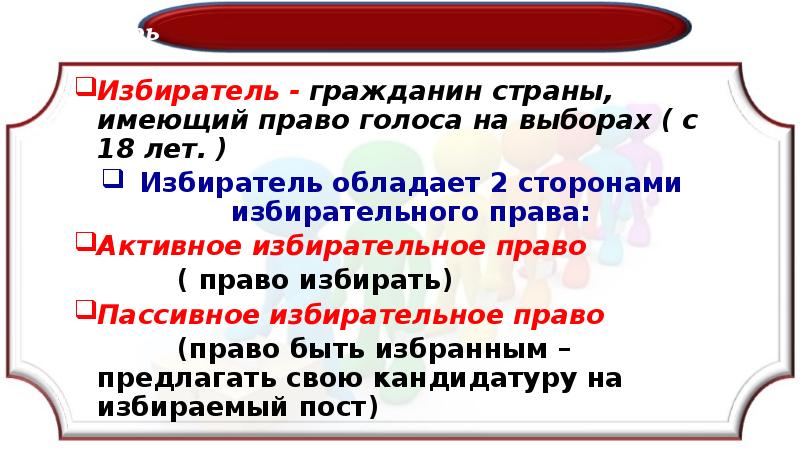 Право голоса избирательное право. Избиратели, граждане государства, имеющие право голоса. Право избирательного голоса. Граждане государства, обладающие активным избирательным правом. Граждане имеющие права голоса.