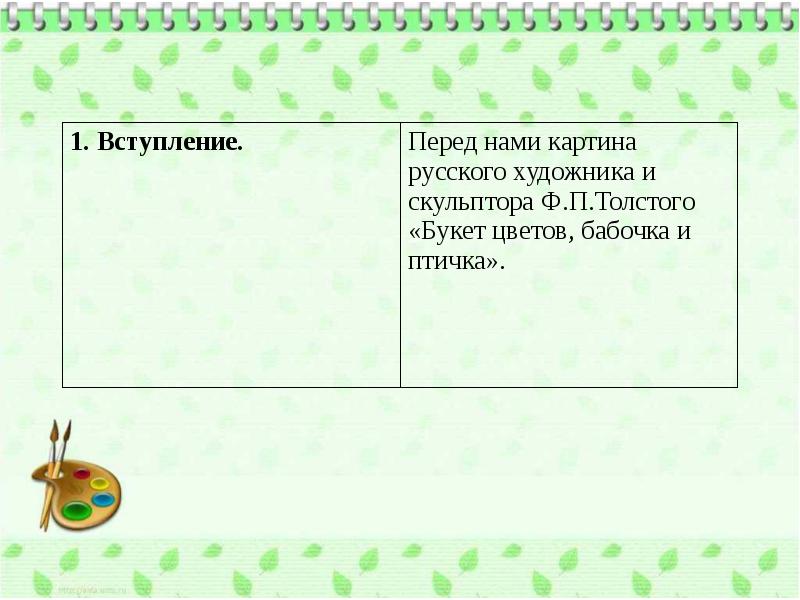 Сочинение описание по картине толстого букет цветов бабочка и птичка 2 класс