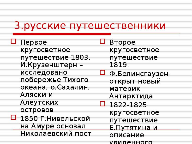 3.русские путешественники Первое кругосветное путешествие 1803. И.Крузенштерн – исследовано побережье Тихого