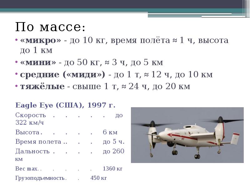 По массе:
По массе:
«микро» - до 10 кг, время полёта По массе:
По массе:
«микро» - до 10 кг, время полёта