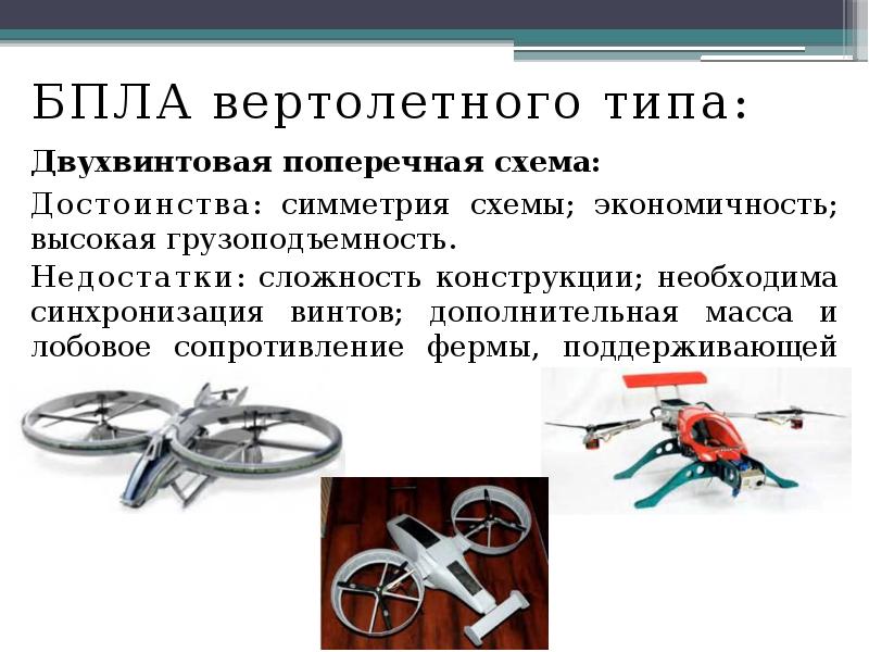 БПЛА вертолетного типа:
БПЛА вертолетного типа:
Двухвинтовая поперечная схема:
Достоинства: БПЛА вертолетного типа:
БПЛА вертолетного типа:
Двухвинтовая поперечная схема:
Достоинства: