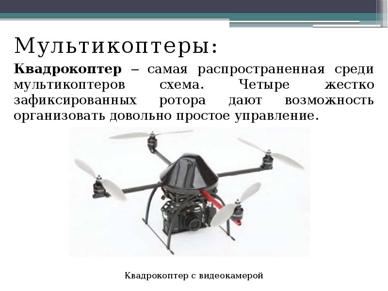 Мультикоптеры:
Мультикоптеры:
Квадрокоптер ‒ самая распространенная среди мультикоптеров схема. Четыре жестко Мультикоптеры:
Мультикоптеры:
Квадрокоптер ‒ самая распространенная среди мультикоптеров схема. Четыре жестко